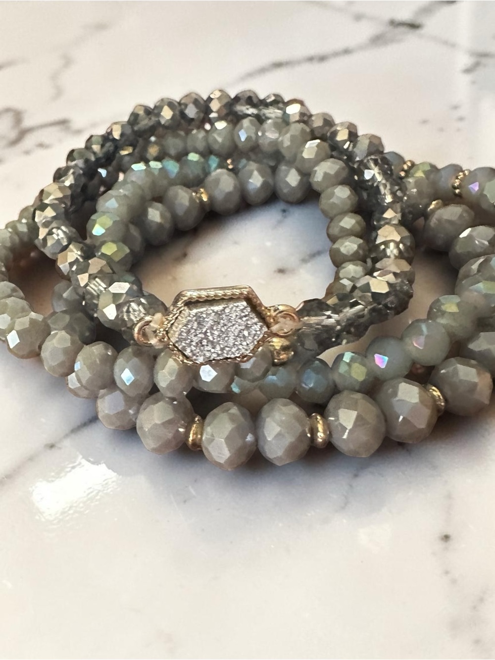 Boho Gray Crystal Beaded Stretch Bracelet Stack Rhinestone Hexagon Charm NWOT